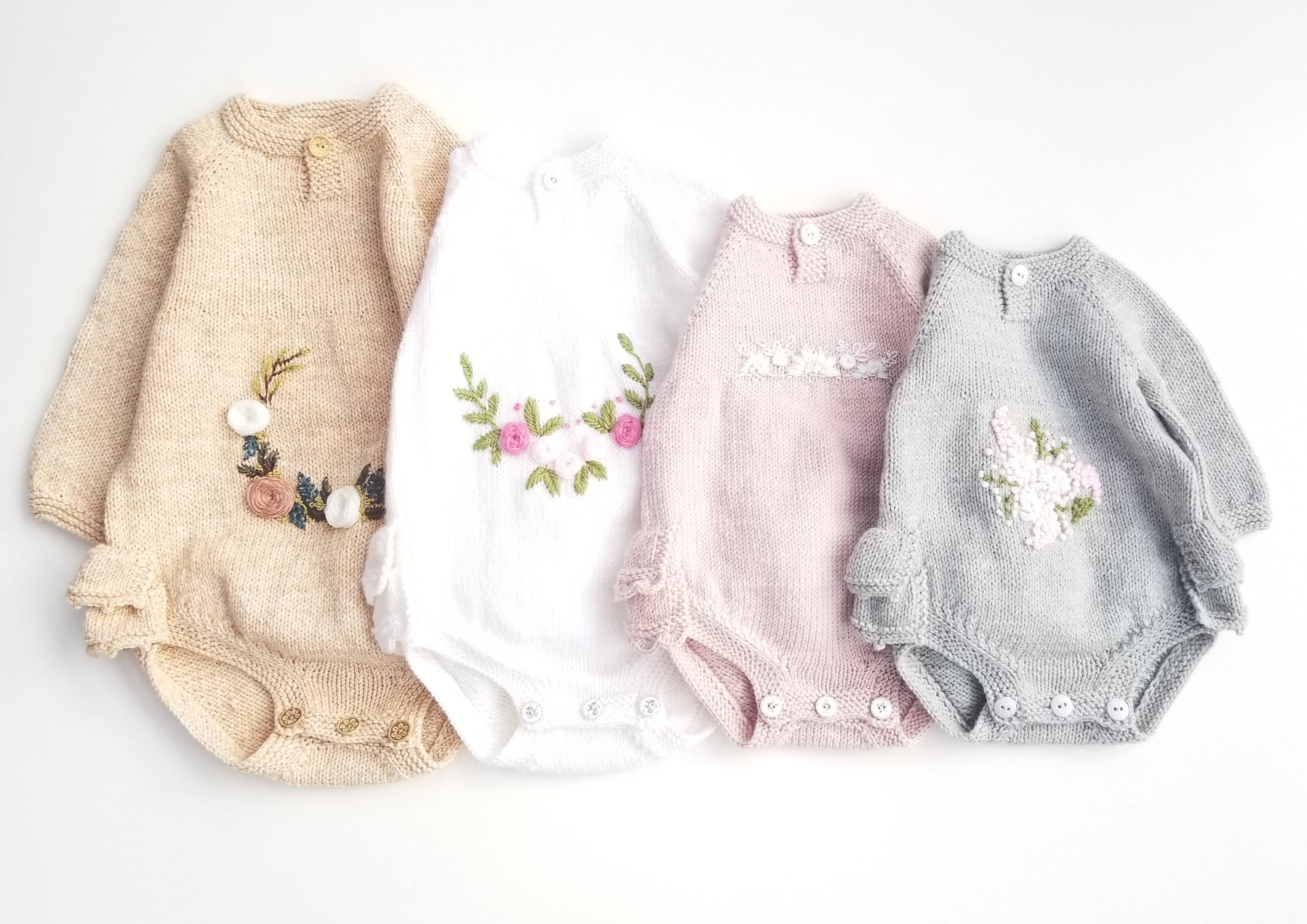 Ruffled Rompers with Embroidery. Hand Knit Baby Girl Rompers. Retro Style Romper.