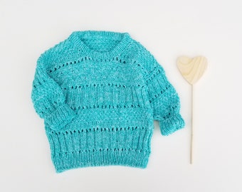 Baby Boy Pullover. Hand Knit Baby Sweater. Turquoise Baby Sweater. Cotton Baby Pullover.