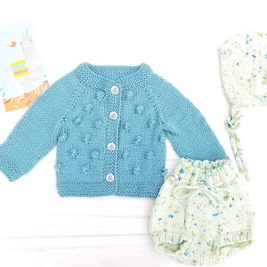 Knit Baby Set. Knit Baby Popcorn Cardigan, Bloomers and Bonnet Set. Retro Style Baby Set.