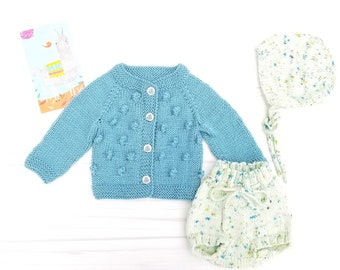 Knit Baby Set. Knit Baby Popcorn Cardigan, Bloomers and Bonnet Set. Retro Style Baby Set.