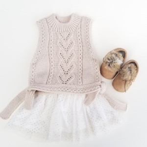 Hand Knit Vest. Merino Wool Baby Girl Vest. Lace Vest with Ties.