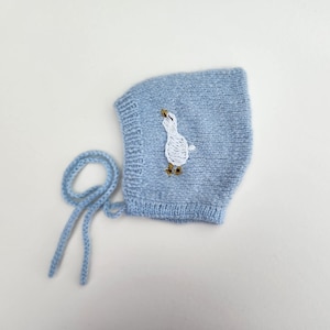 Baby Bonnets with Goose Embroidery. Alpaca Baby Bonnet. Neutral Colors Baby Bonnets. Unisex Baby Bonnets. Hand Knit Baby Pixie Style Hat. Blue 0-3 months