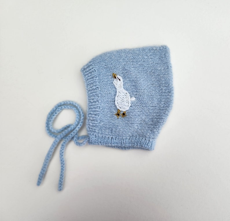 Baby Bonnets with Goose Embroidery. Alpaca Baby Bonnet. Neutral Colors Baby Bonnets. Unisex Baby Bonnets. Hand Knit Baby Pixie Style Hat. Blue 0-3 months