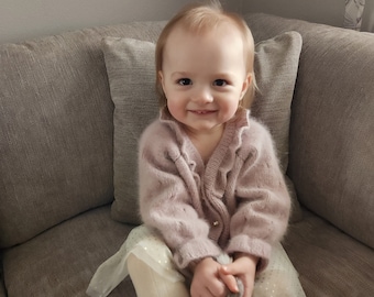 Angora Baby Girl Cardigan with Ruffles. Hand Knit Baby Girl Sweater. Blush Pink Baby Girl Cardigan. Fluffy Baby Girl Cardigan.