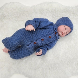 Merino Wool Baby Boy Overalls and Bonnet Set. Hand Knit Baby Boy Set. Blue Overalls and Bonnet Set.