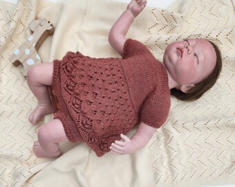 Hand Knit Baby Girl Skirted Romper. Alpaca Merino Wool Baby Romper with Lace Skirt. Retro Style Baby Girl Romper. Baby Girl Photo Prop.