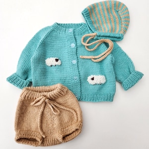 Cotton Baby Boy Set. Baby Boy Cardigan, Bloomers and Bonnet Set with Sheep Embroidery. Baby Boy Bloomers. Baby Boy Sweater. Baby Boy Bonnet