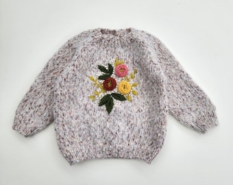 Tweed Baby Girl Sweater with Floral Embroidery. Hand Knit Embroidered Baby Girl Sweater.