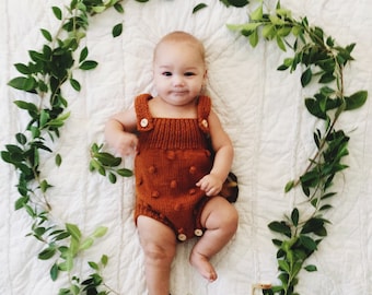 Made to Order.Popcorn Baby Romper. Hand Knit Baby Suit. Knit Bubbles Baby Romper. Mustard Popcorn Baby Romper. Knit Baby Romper with Straps.