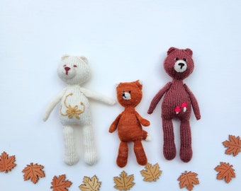 Hand Knit Toys. Forest Friends Knitted Toys. Knit Bear toy. Knit Fox Toy. Baby Photo Prop.