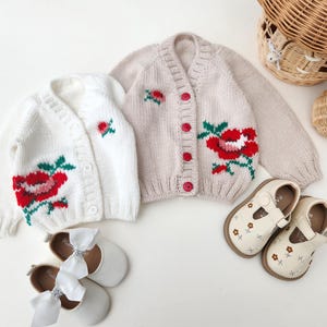 Rose Cardigan. Embroidered Baby Girl Cardigan. Hand Knit Baby Cardigan. Knit Baby Girl Sweater. Baby Shower Gift. Wool Baby Cardigan.