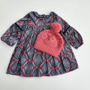 Hand Knit Baby Girl Hat with Embroidery. Alpaca Baby Girl Hat with Pompom. Embroidered Baby Girl Hat. Knit Baby Hat with Double Brim.