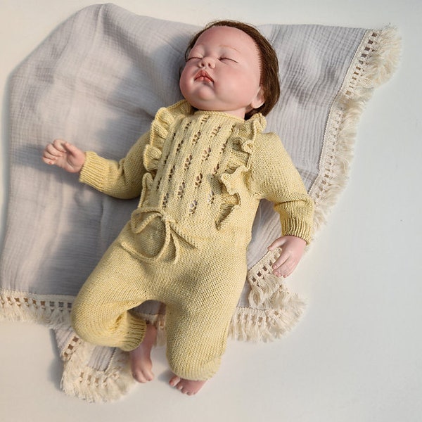 Ruffled Overalls. Hand Knit Baby Overalls. Cotton baby suit. Retro Style Baby Girl Overalls. Yellow Baby Overalls. Baby Photo Prop.