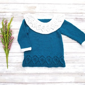 Hand Knit Baby Girl Sweater. Merino Wool Baby Sweater. Teal Baby Sweater with White Collar.