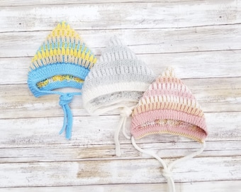 Knit Baby Pixie Bonnet, Merino Wool Brioche Bonnets (0-3 Months)