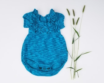 Merino Wool Baby Girl Romper. Hand Knit Baby Romper. Retro Style Baby Romper. Teal Romper. Baby Romper with Ruffles and Short Sleeves.