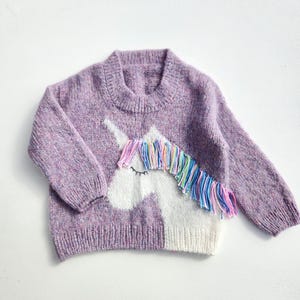 Unicorn Sweater. Hand Knit Baby Girl Unicorn Sweater. Alpaca Sweater. Oversized Baby Girl Sweater. Toddler Purple Pullover.