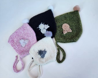 Moth Bonnet. Hand Knit Alpaca Bonnet with Moth Embroidery and Small Pompom. Pixie Style Baby Bonnet. Retro Style Bonnet.