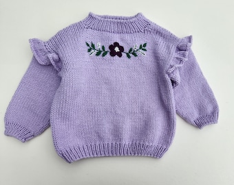 Baby Girl Sweater with Floral Embroidery and Ruffled Sleeves. Purple Baby Girl Sweater. Retro Style Baby Pullover.