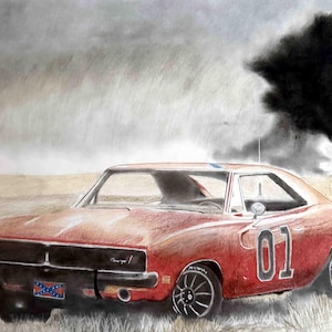 Impresión al carbón de Dukes of Hazard, arte de fan del General Lee