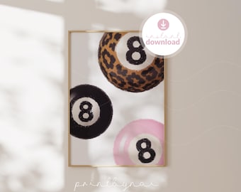Lámina decorativa para pared con diseño de bola 8 de la suerte, descarga digital con estampado de leopardo y guepardo, póster rosa retro de bola de billar, decoración para dormitorio universitario estilo Y2K.