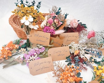Miniaturowy bukiet z suszonych kwiatów, kartka z zaręczynami dla druhen, prezenty dla druhen, Czy zostaniesz moją druhną, bukiet z suszonych kwiatów na wesele w stylu boho