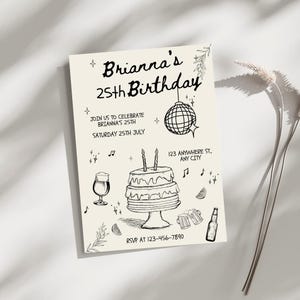 Convite editável para 25º aniversário | Convite digital para festa disco | Cartão de aniversário retrô para ela | Download instantâneo | PDF para impressão | Canva