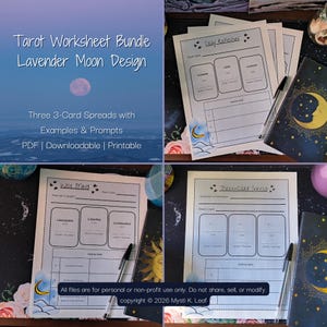 Peut inclure: Lot de feuilles de travail de tarot imprimables avec un design de lune lavande. L'image présente trois tirages à 3 cartes avec des exemples et des invites. Un carnet, des stylos et des éléments décoratifs sont également visibles.