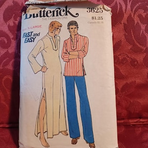 May include: Butterick sewing pattern 3625 in size X-Large. The envelope features illustrations of two garments: a solid light-colored long tunic with side slits and a red and white striped tunic paired with solid blue trousers. The text reads Fast and Easy.