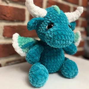 Teal Baby Dragon Plush Crochet Amigurumi adorable Stuffed Animal Handmade Velvet Dragon Toy Fantasy Gift for Kids or Collectors