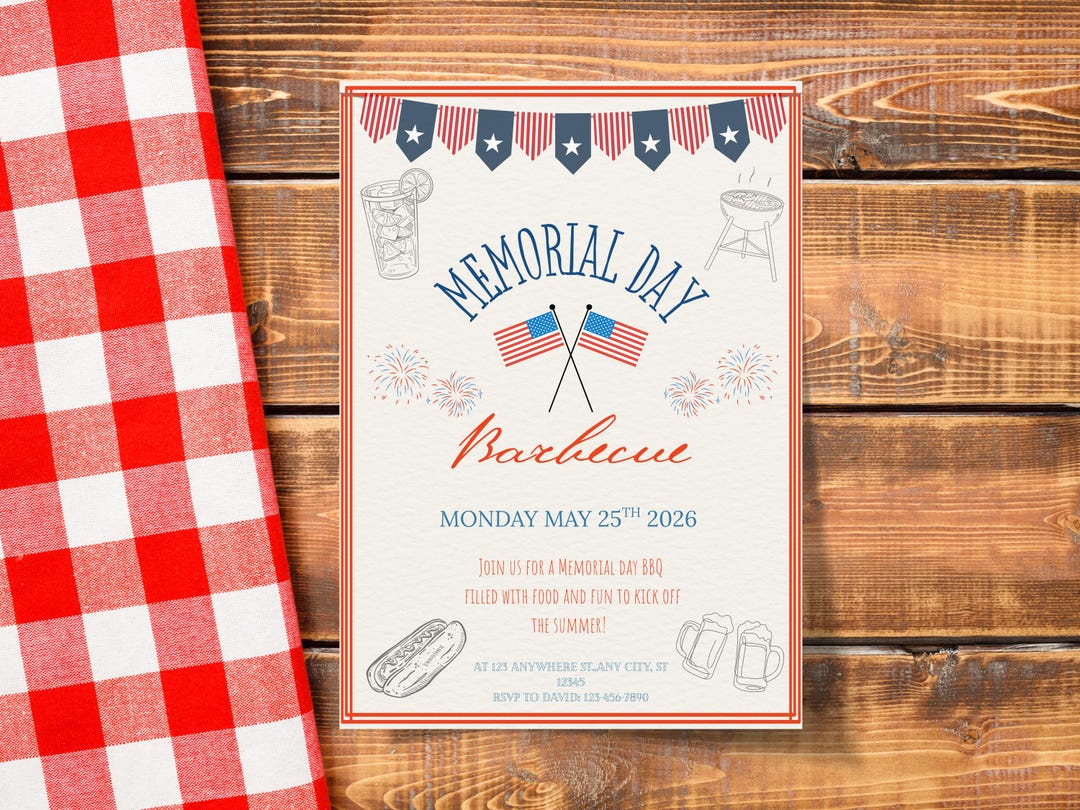 Memorial Day BBQ Invitation, Rustic Americana Cookout Invite (digital ...