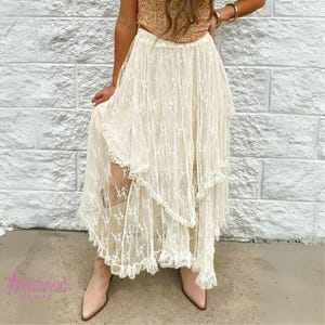 Boho Lace Tulle Skirt Midi | White Layered Asymmetrical Skirt | Cottagecore Festival Outfit | Sheer Mesh Skirt | Vintage Aesthetic Clothing