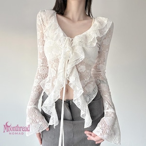 Sheer Lace Ruffle Cardigan Top – Long Sleeve See Through Blouse, Vintage Romantic Cottagecore Shirt, Feminine Layering Festival Outfit