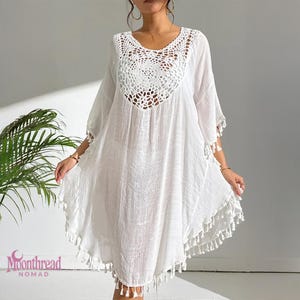 Boho Tassel Beach Cover Up Dress – Crochet Kaftan Swimsuit Coverup, Summer Resort Wear Tunic, Loose Fit Bohemian Dress, Festival Kimono Wrap