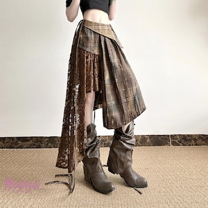Boho Asymmetrical Plaid Lace Skirt – Retro Steampunk Fairycore Midi – Gothic Cottagecore Festival Outfit for Women