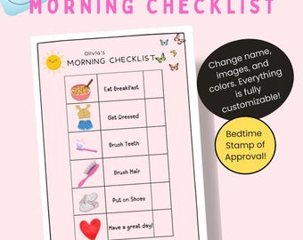 Bearbeitbare Morgen-Checkliste - Personalisierte druckbare - Belohnungswerkzeuge für Kleinkinder