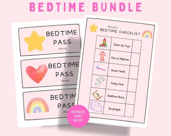 May include: A pink bedtime bundle featuring a checklist and three bedtime passes. The checklist includes tasks like cleaning toys and brushing teeth. The passes have a star, heart, and rainbow design. Text reads "Bedtime Bundle and Save!"