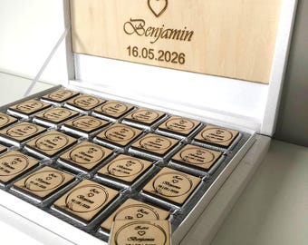 Personalized chocolate, party favor with wood, wedding chocolate, engagement, birth, party, christening, baby shower, birthday, event