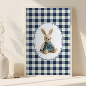 Original: Blue Gingham Bunny Nursery Art Print, Cute Adorable Rabbit Wall Decor, Nursery Gingham Art Print, Blue Gingham Art Print
