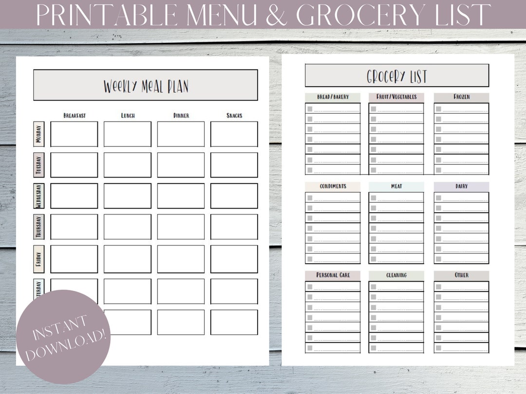 INSTANT DOWNLOAD Printable Weekly Meal Planner & Grocery List ...