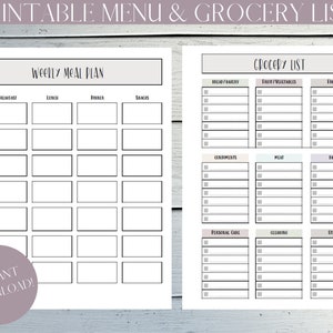 INSTANT DOWNLOAD Printable Weekly Meal Planner & Grocery List | Printable Grocery List | Meal Planner | Menu Planner