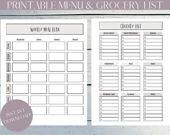 TÉLÉCHARGEMENT INSTANTANÉ Planificateur de repas hebdomadaire imprimable et liste d'épicerie | Liste d'épicerie imprimable | Planificateur de repas | Planificateur de menus