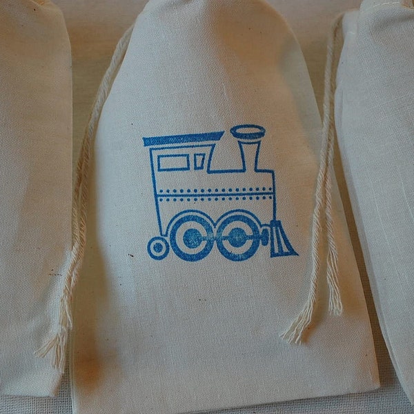 15 Blue Choo Choo Train Birthday Party Organic Muslin Cotton Favor Gift Bags 4x6
