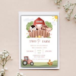 May include: A red and white farm-themed invitation with a red barn, animals, and a tractor. The text reads "Two the Farm" and includes details for a birthday party.
