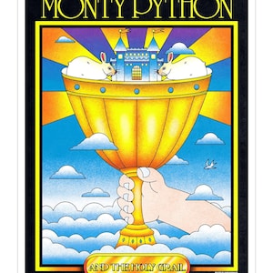 May include: A yellow and gold goblet with a blue castle and two white rabbits inside. The goblet is held by a hand against a blue sky with white clouds. The text "MONTY PYTHON AND THE HOLY GRAIL." is at the bottom of the image.