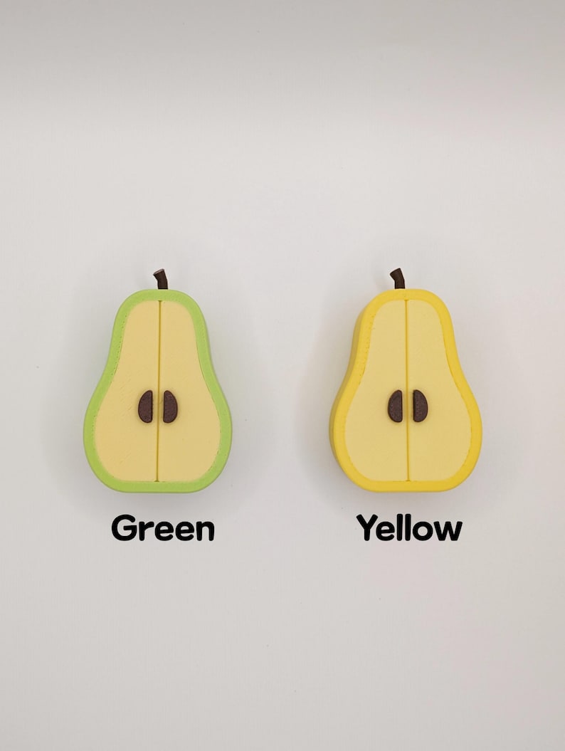 Puede incluir: Dos objetos en forma de pera, uno verde y otro amarillo, cada uno cortado por la mitad para revelar el interior. La pera verde tiene un contorno verde claro y la palabra "Green" debajo. La pera amarilla tiene un contorno amarillo y la palabra "Yellow" debajo.