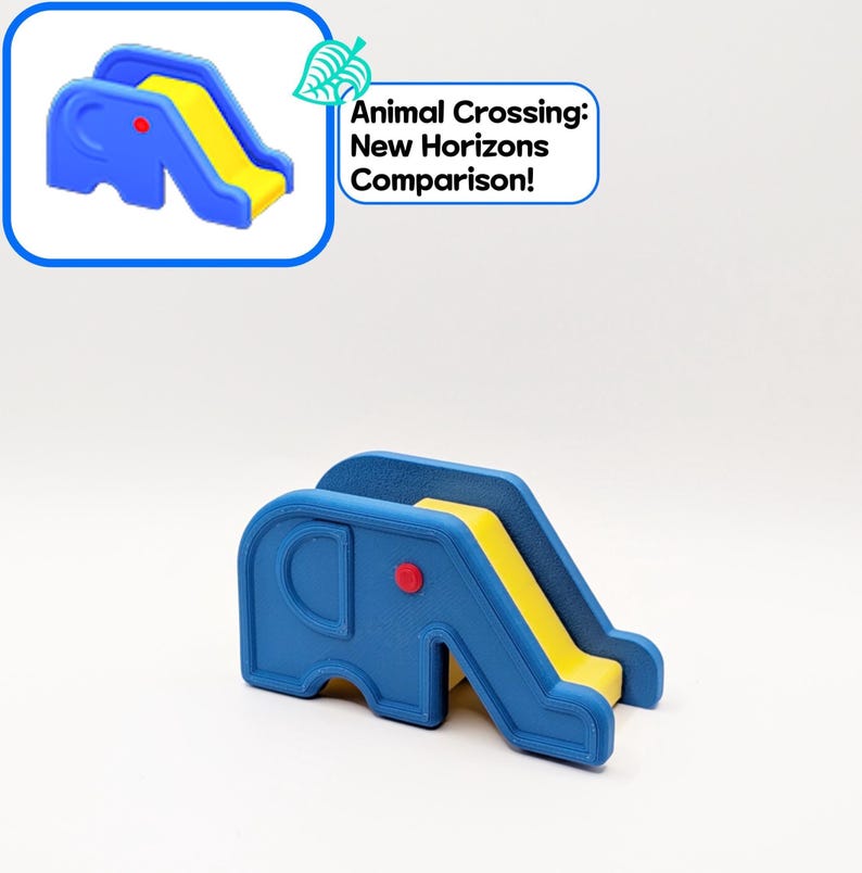 May include: A blue and yellow elephant-shaped slide with a red dot on the side. The slide is a toy, and the text "Animal Crossing: New Horizons Comparison!" is in the upper right corner.