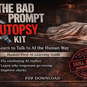 May include: Dark, textured graphic with the text "THE BAD PROMPT AUTOPSY KIT" and "Learn to Talk to AI the Human Way." Includes a magnifying glass graphic and a "Skill Builder" stamp. The image promotes a PDF download.