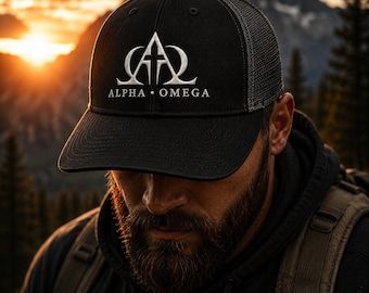 Alpha Omega Hat | Christian Trucker Hat | Revelation 22:13 Embroidered Hat | Jesus Hat | Faith Gift for Men | Christian Dad Hat