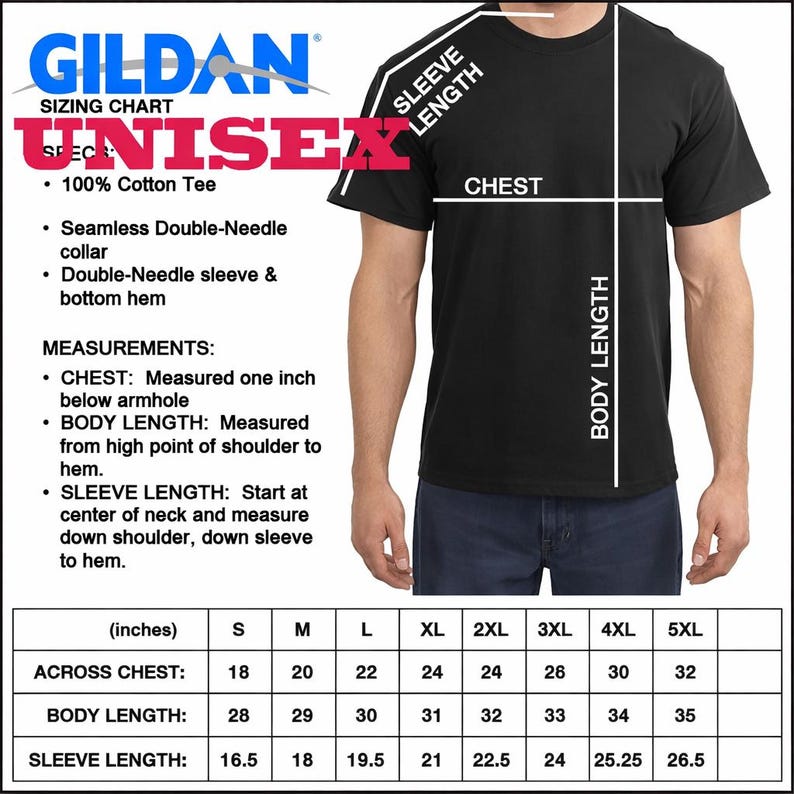 May include: Black Gildan unisex t-shirt with a sizing chart. The chart includes measurements for chest, body length, and sleeve length in inches. The shirt is made of 100% cotton and features a seamless double-needle collar and hem.